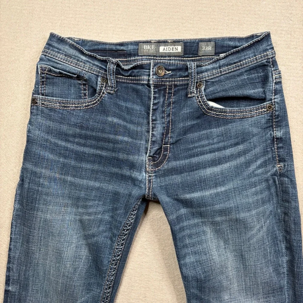 BKE Aiden Straight Leg Mens Jeans 33R Medium Wash Contrast‎ Stitch Denim